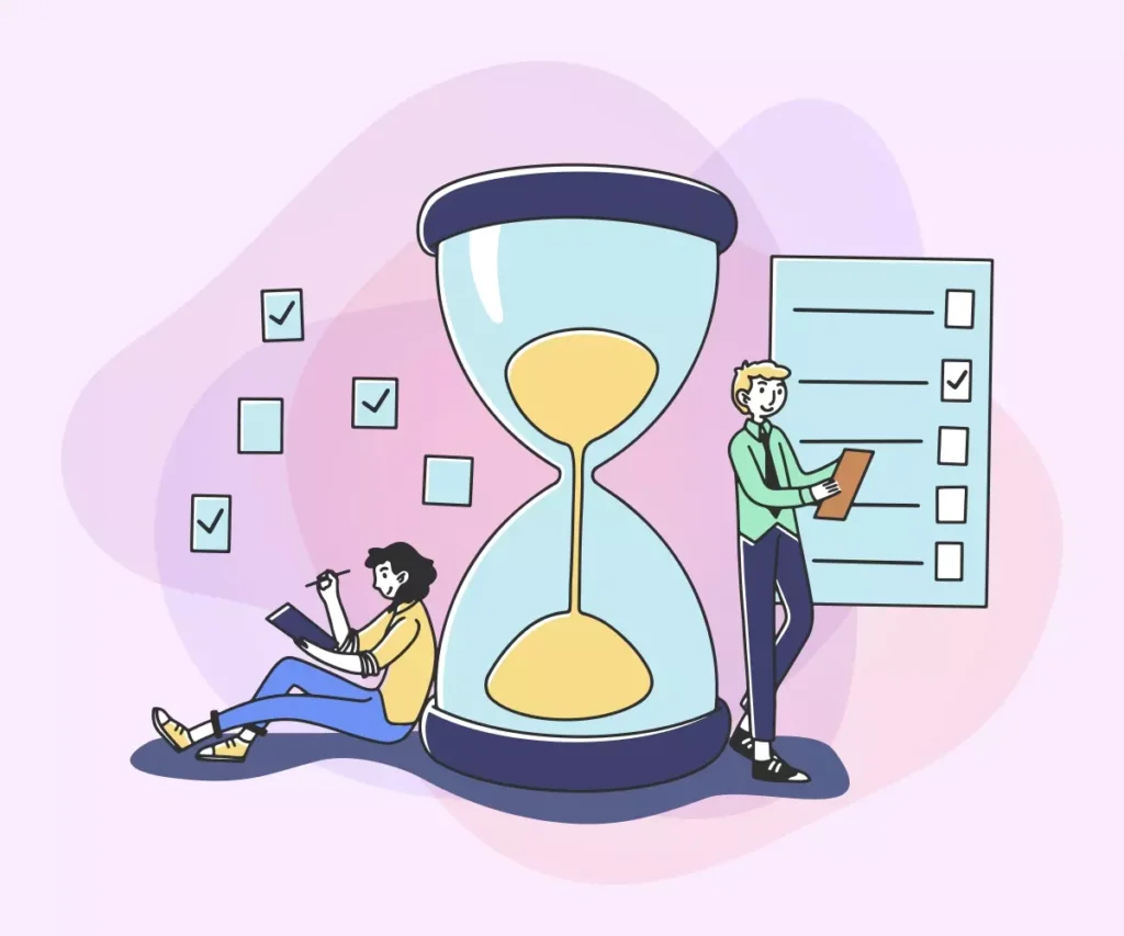 Ilustração representando a rotina de uma empregada doméstica meio período, com uma mulher estudando e um homem verificando a lista de tarefas ao lado de um relógio de areia.