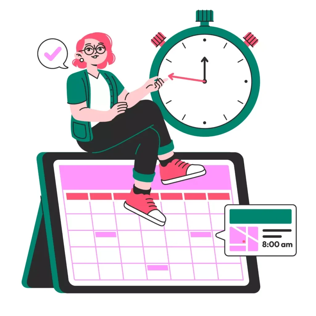 Ilustração de uma empregada doméstica meio período, organizada e pontual, sentada sobre uma agenda digital, com um relógio que marca 8 horas e um lembrete de horário às 8h da manhã.