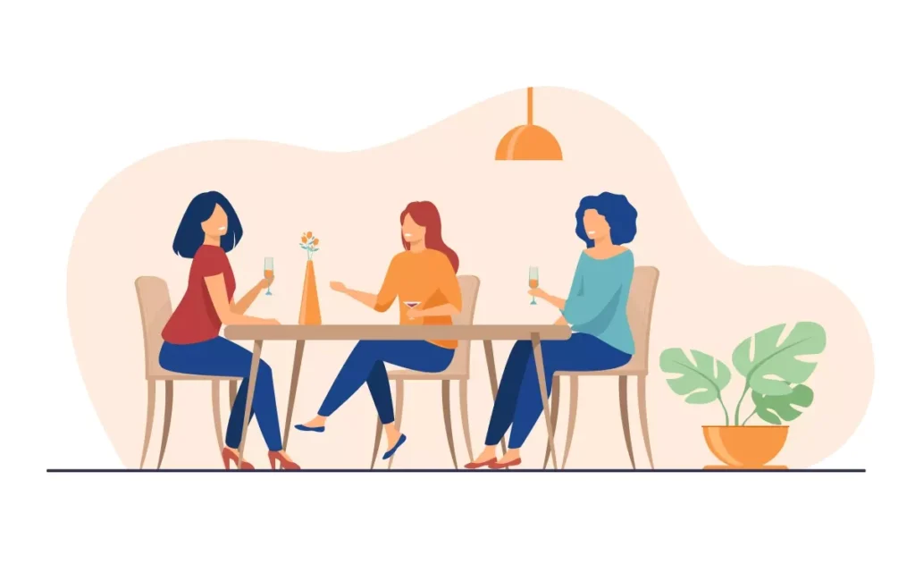 Ilustração de três mulheres conversando e tomando café durante o horário de almoço da empregada doméstica, em uma mesa moderna com plantas ao fundo.
