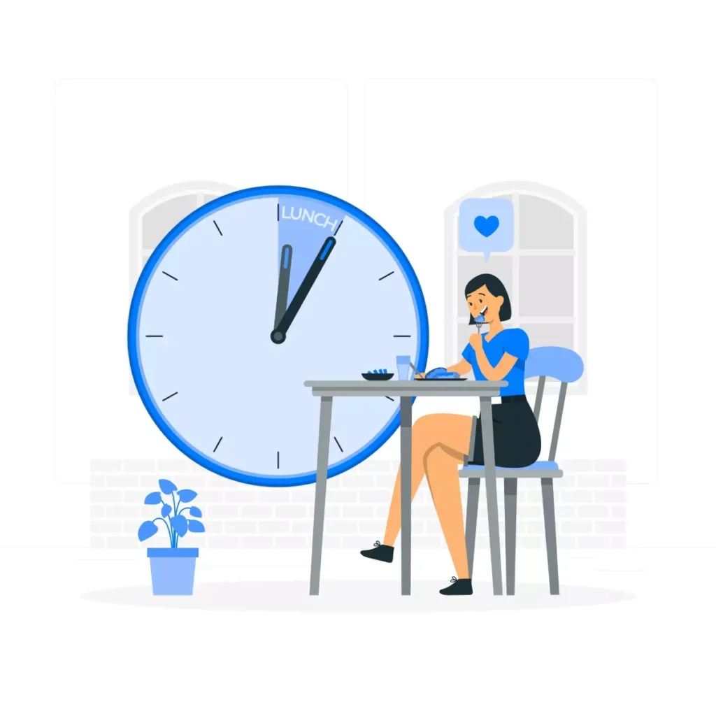 Imagem ilustrativa do horário de almoço da empregada doméstica, mostrando uma mulher sentada na mesa com comida e uma grande hora em um relógio que indica o horário de almoço.