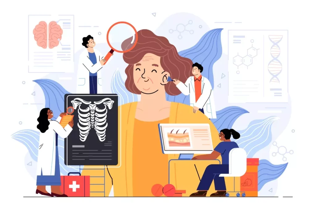 Ilustração sobre o pagamento do auxílio doença para empregada doméstica, mostrando uma mulher recebendo atendimento médico e análise de exames.