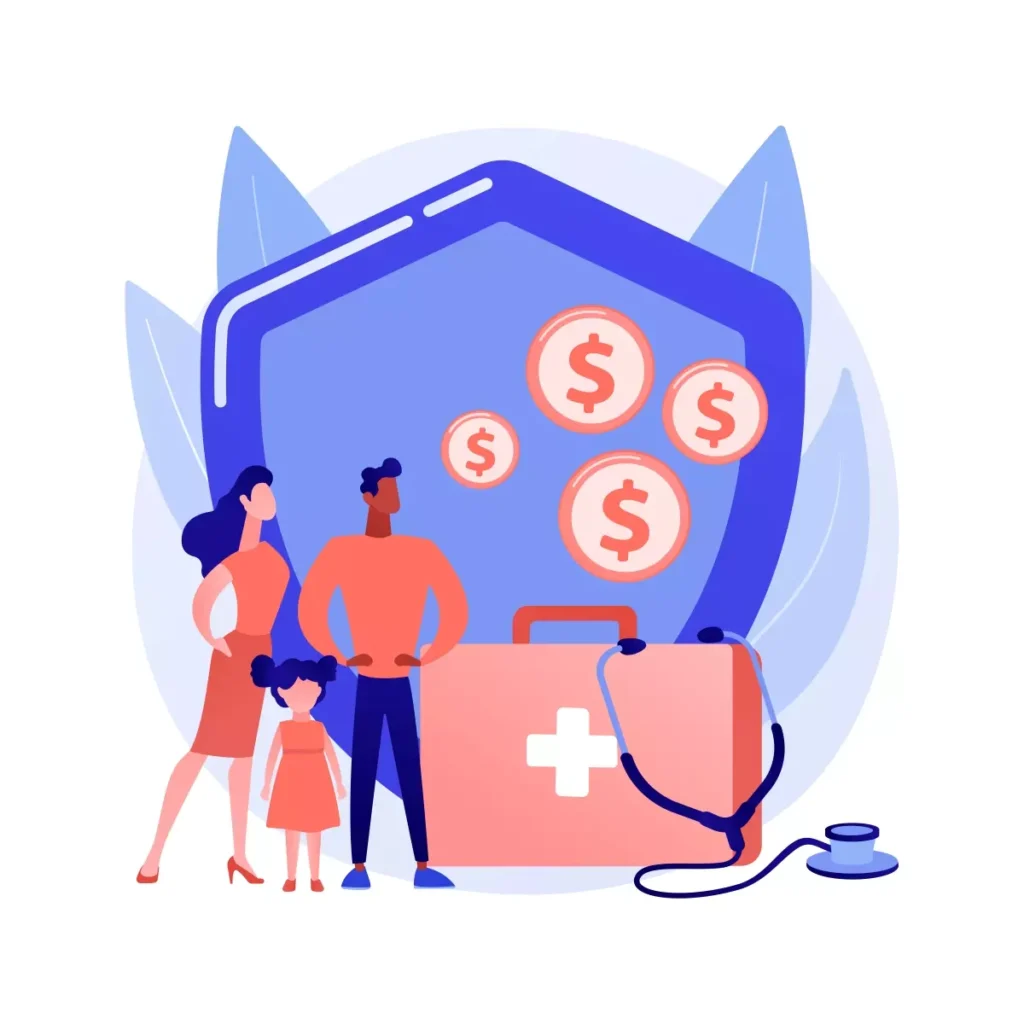 Ilustração representando o pagamento do auxílio doença para empregada doméstica, com uma família, uma caixa de primeiros socorros, moedas e um escudo de proteção, destacando a importância do benefício para a saúde e segurança do trabalhador.