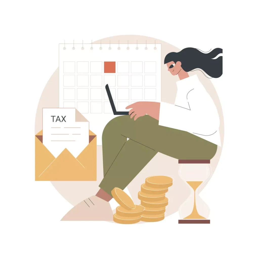 Imagem ilustrativa explicando o 13° salário para empregadas domésticas com jornada reduzida, incluindo calendário, envelope de impostos e moedas de dinheiro.