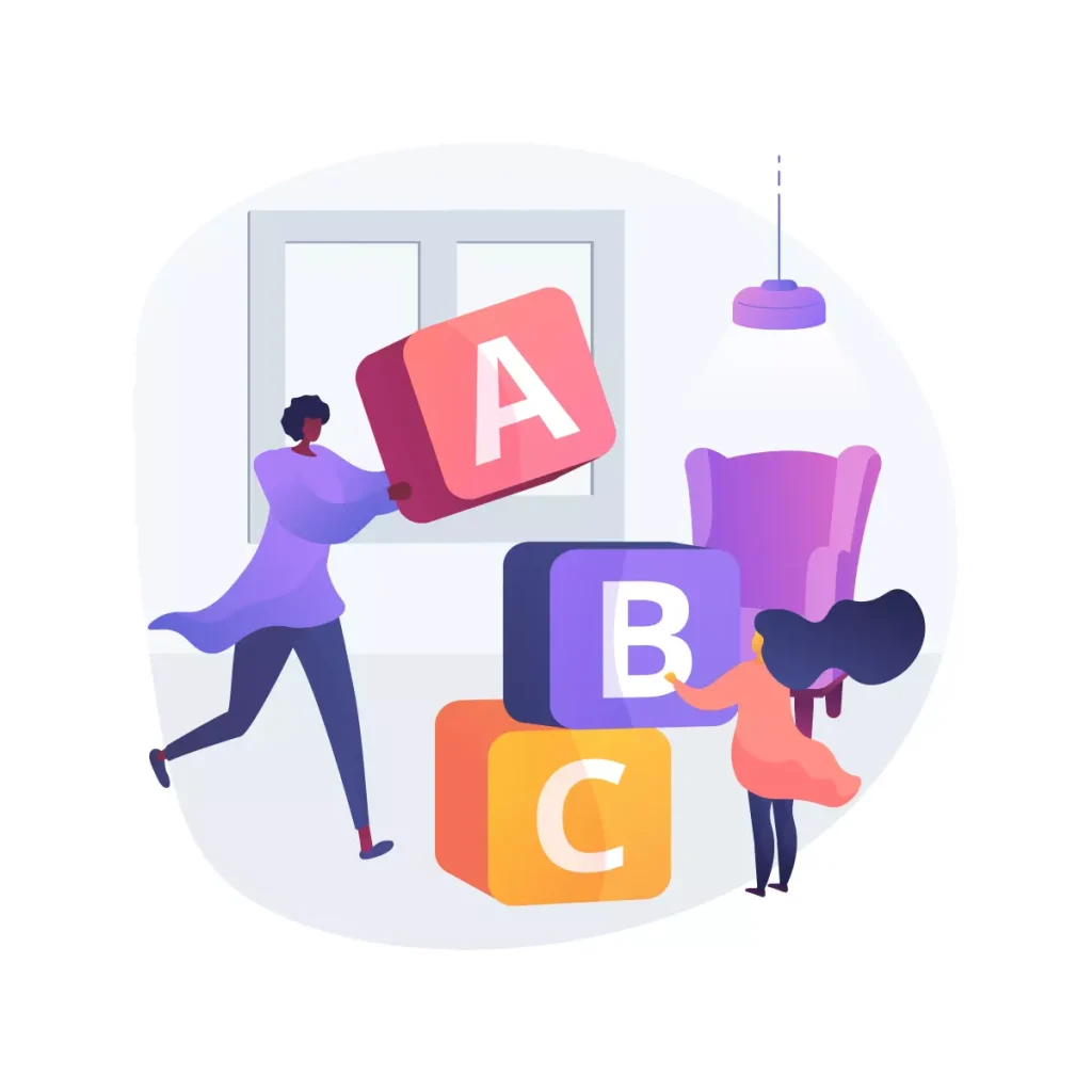 Ilustração de uma babá empilhando blocos com letras A, B e C, representando serviços domésticos e cuidados infantis em casa.