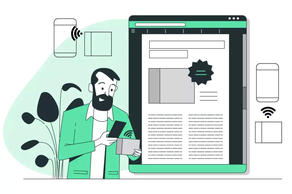 Ilustração mostrando um homem com um smartphone acessando a carteira de trabalho digital, que substitui a versão física, destacando a tecnologia e praticidade do documento digital para trabalhadores.