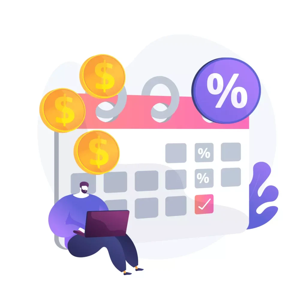 Ilustração explicando o desconto de faltas nas férias da empregada doméstica, com calendário, símbolos de porcentagem, moeda e uma pessoa usando laptop, destacando conceitos de remuneração e benefícios.