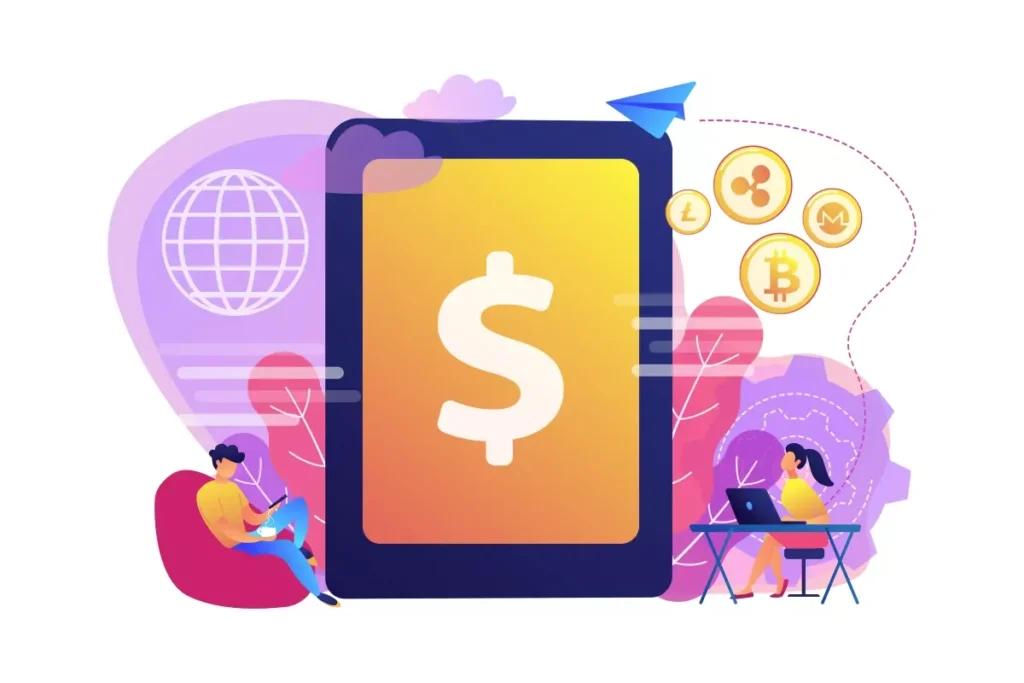 Ilustração representando a venda de férias no eSocial doméstico, com destaque para pagamento digital, moedas digitais e gestão financeira online.