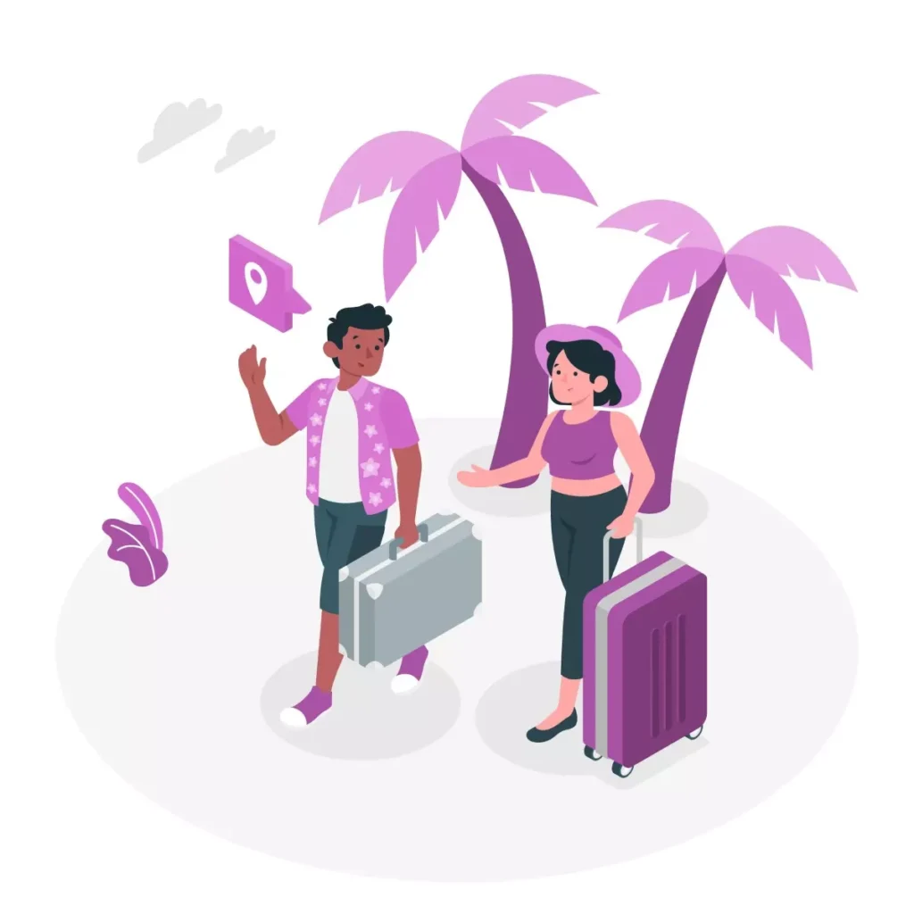 Ilustração de um casal com malas na praia, com coqueiros ao fundo, representando planejamento de férias e inserção de venda de férias no eSocial doméstico.