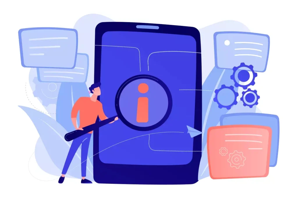 Ilustração de uma pessoa usando uma lupa para buscar informações sobre registrar licença-maternidade no eSocial doméstico em um grande smartphone, com elementos de tecnologia ao redor.