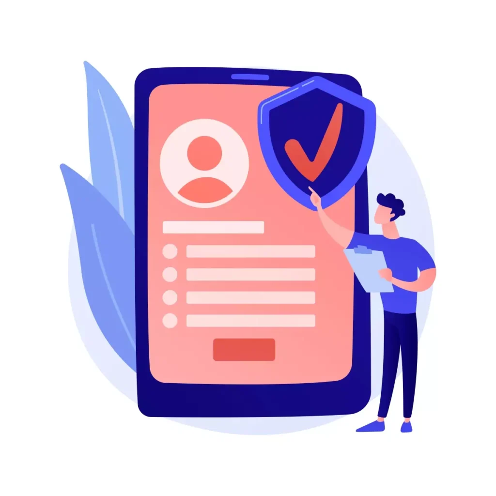 Ilustração de um celular com ícone de perfil, símbolo de segurança e uma pessoa ao lado segurando um papel, relacionada ao registro de licença-maternidade no eSocial doméstico.
