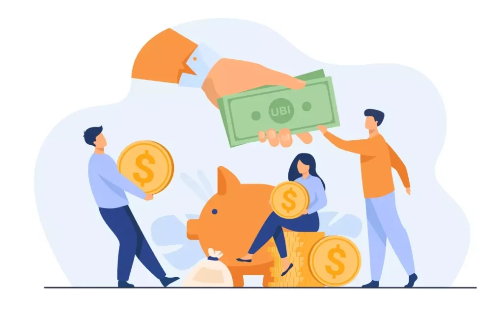 Ilustração representando pagamento do salário maternidade para empregada doméstica, com moeda, piggy bank e transferência de dinheiro entre pessoas.