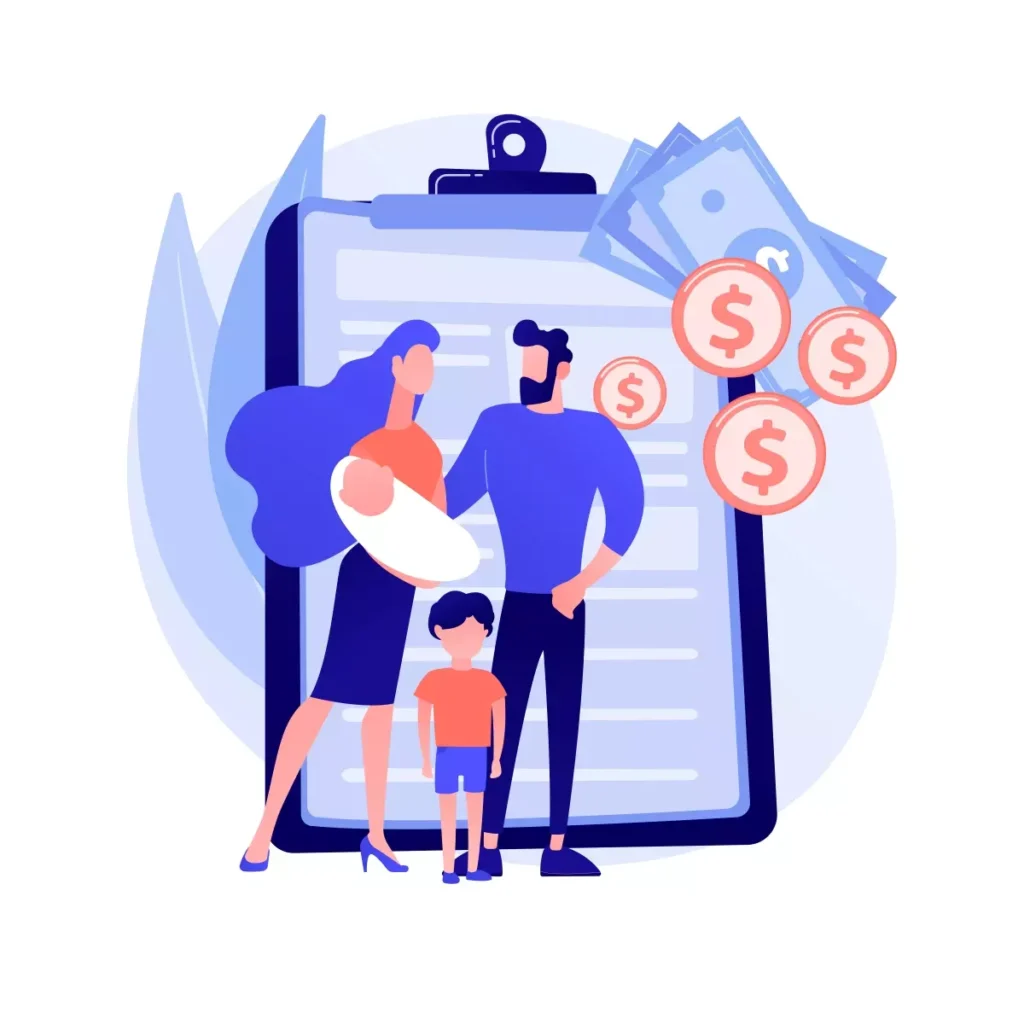 Ilustração de uma família com uma empregada doméstica grávida, simbolizando o salário-maternidade empregada doméstica, com dinheiro e documentos.
