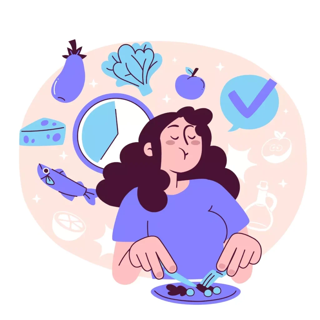 Ilustração de uma empregada doméstica satisfeita, pensando nos benefícios do vale-alimentação para empregada doméstica, com alimentos variados ao redor.
