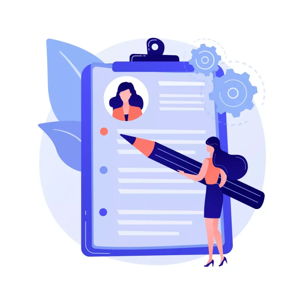 Ilustração de uma mulher assinando contrato de experiência para direitos da empregada doméstica, com elementos de papel, caneta e engrenagens. Ideal para esclarecer direitos trabalhistas.