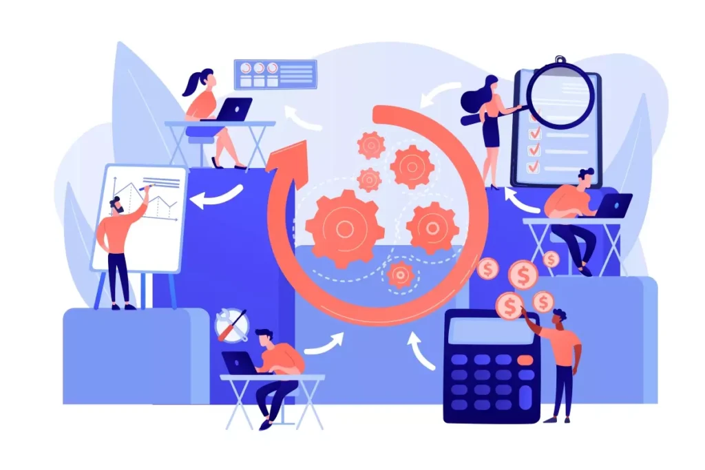 Ilustração representando o desvio e acúmulo de função no emprego doméstico, com pessoas trabalhando com computadores, gráficos e moedas, simbolizando sobrecarga de tarefas e economia.