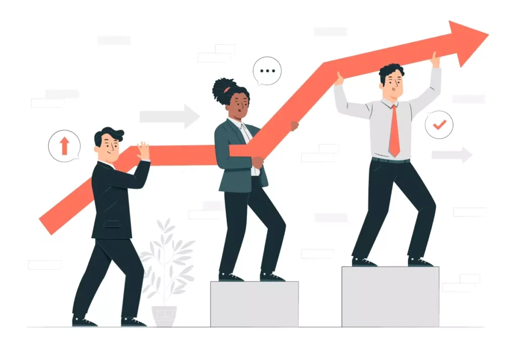 Ilustração de três pessoas sustentando uma seta ascendente, simbolizando progresso e estabilidade após o fim da suspensão de contrato e jornada reduzida.