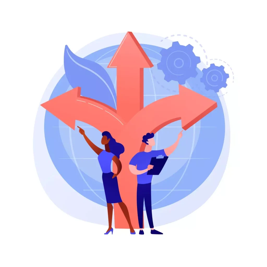 Ilustração de duas pessoas discutindo estratégias de estabilidade após o fim da suspensão de contrato e jornada reduzida, com setas indicando diferentes direções e engrenagens simbolizando ajustes.