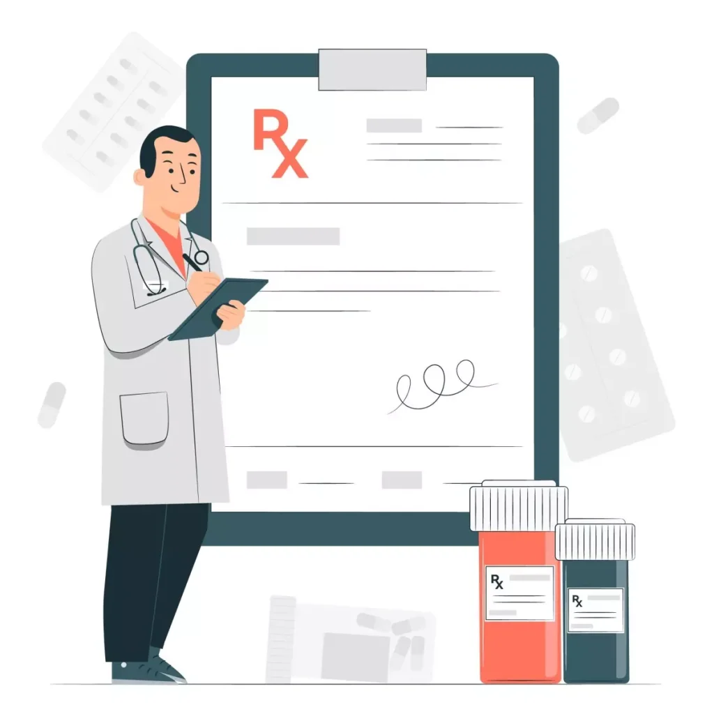 Imagem ilustrativa de uma médica segurando uma receita médica ao lado de um atestado doméstico para a doméstica abonando falta, com frascos de remédio ao lado, simbolizando cuidados de saúde e autorização médica.