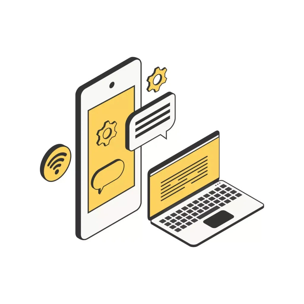 Imagem ilustrativa da plataforma Hora do Lar para gestão, destacando um smartphone, laptop, ícones de comunicação e configurações, representando eficiência na gestão doméstica.