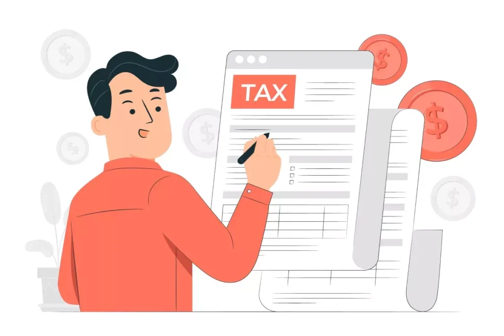 Ilustração de uma pessoa assinando um documento de tributos do eSocial para pagar licença-maternidade da empregada doméstica, com destaque para o termo 'TAX' no papel.