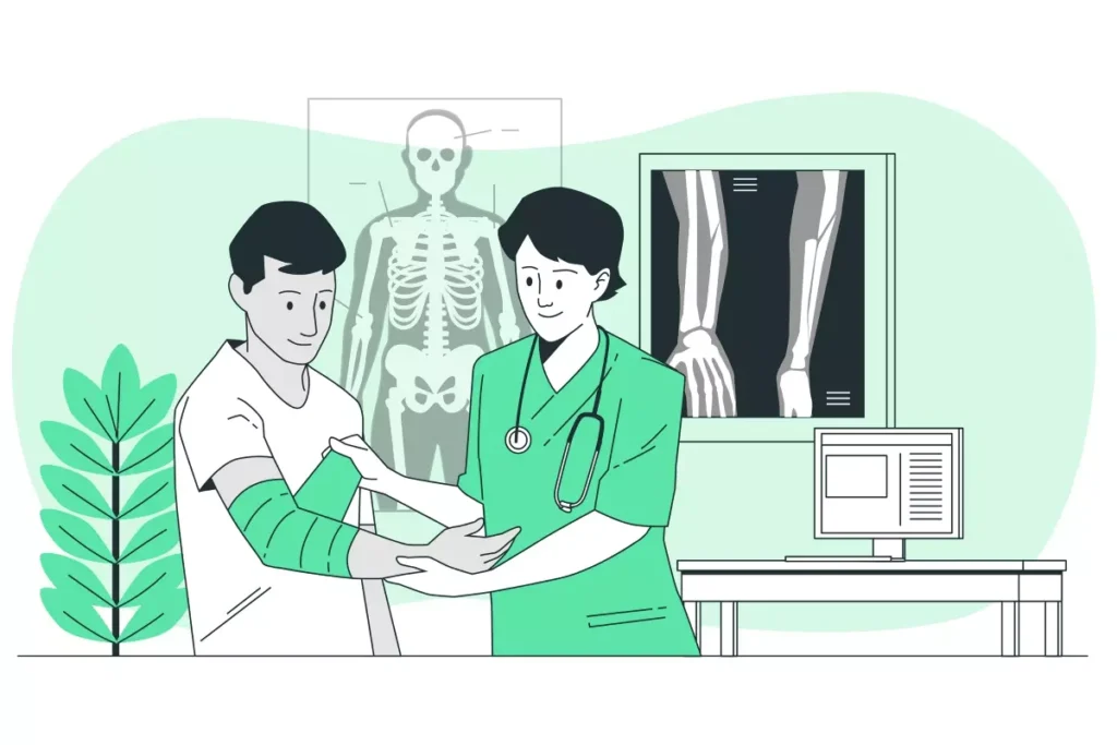 Ilustração mostrando equipe médica tratando uma vítima de acidente de trabalho envolvendo uma doméstica, com radiografias e um esqueleto ao fundo.