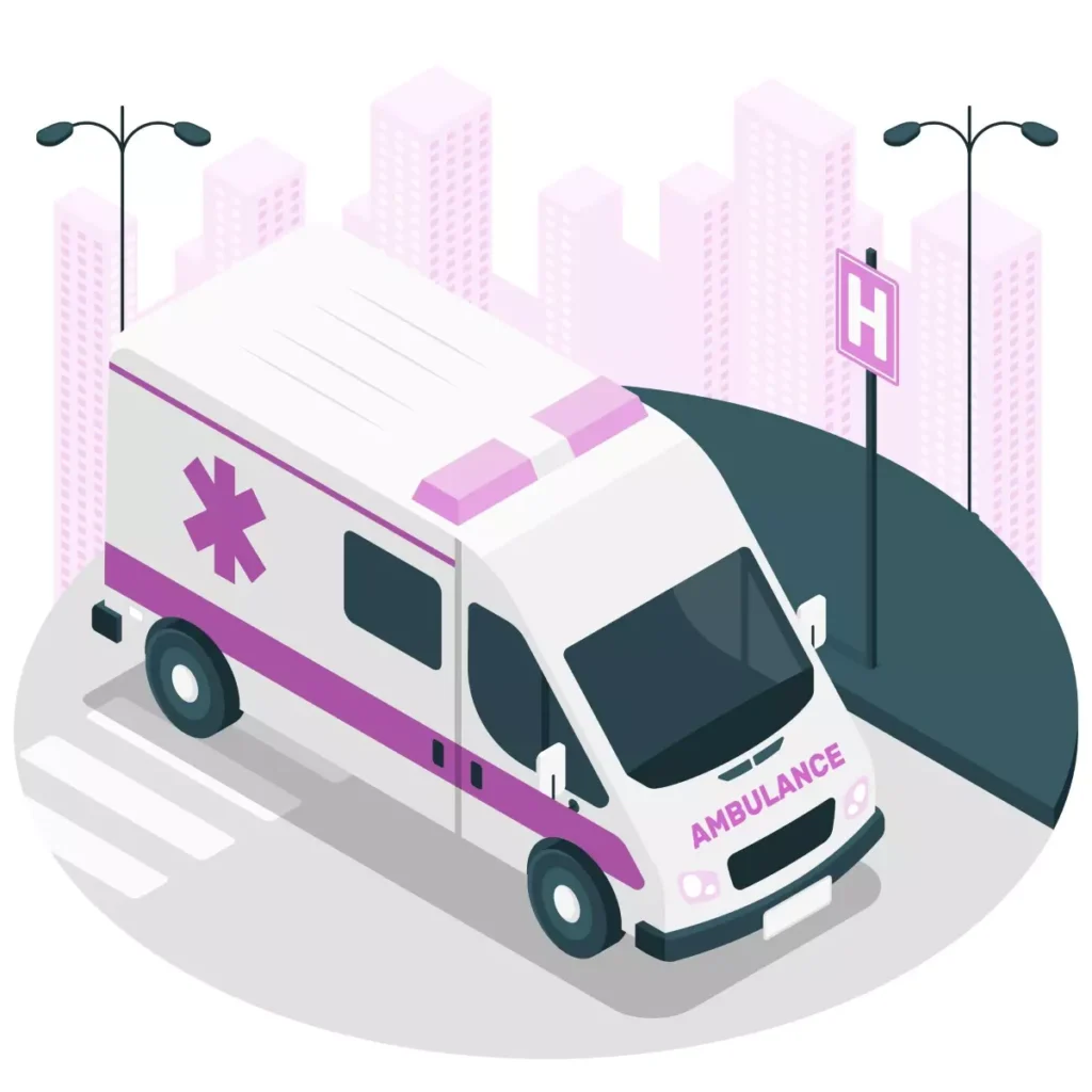 Imagem de uma ambulância estacionada na rua, representando atendimento emergencial em acidentes de trabalho e doenças da doméstica, com prédios ao fundo.