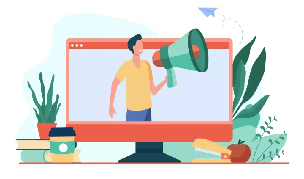 Ilustração representando aviso prévio no eSocial doméstico, com pessoa em tela de computador segurando megafone para comunicar o aviso.