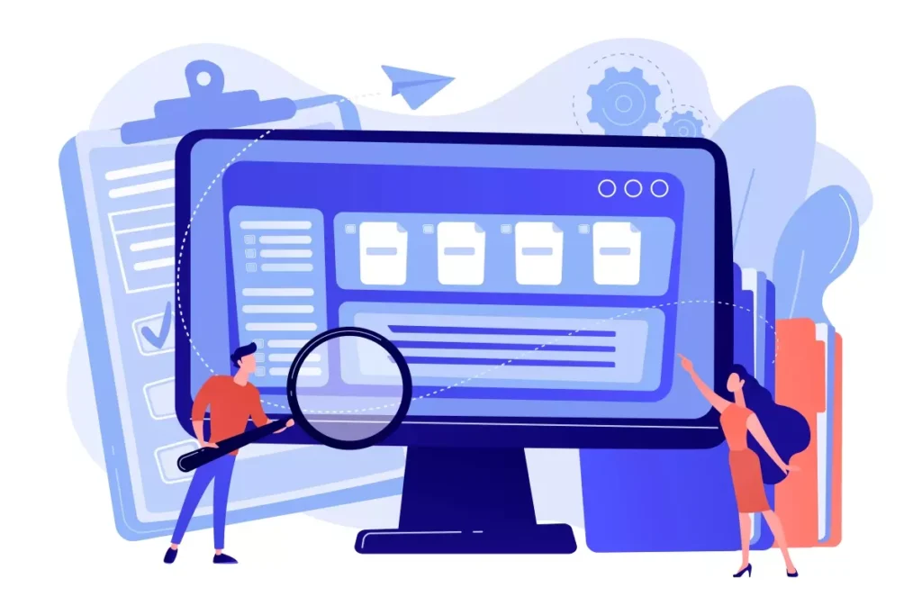Ilustração representando o cadastro do empregador doméstico no eSocial, com pessoas analisando documentos digitais em computador, destacando eficiência no processo.