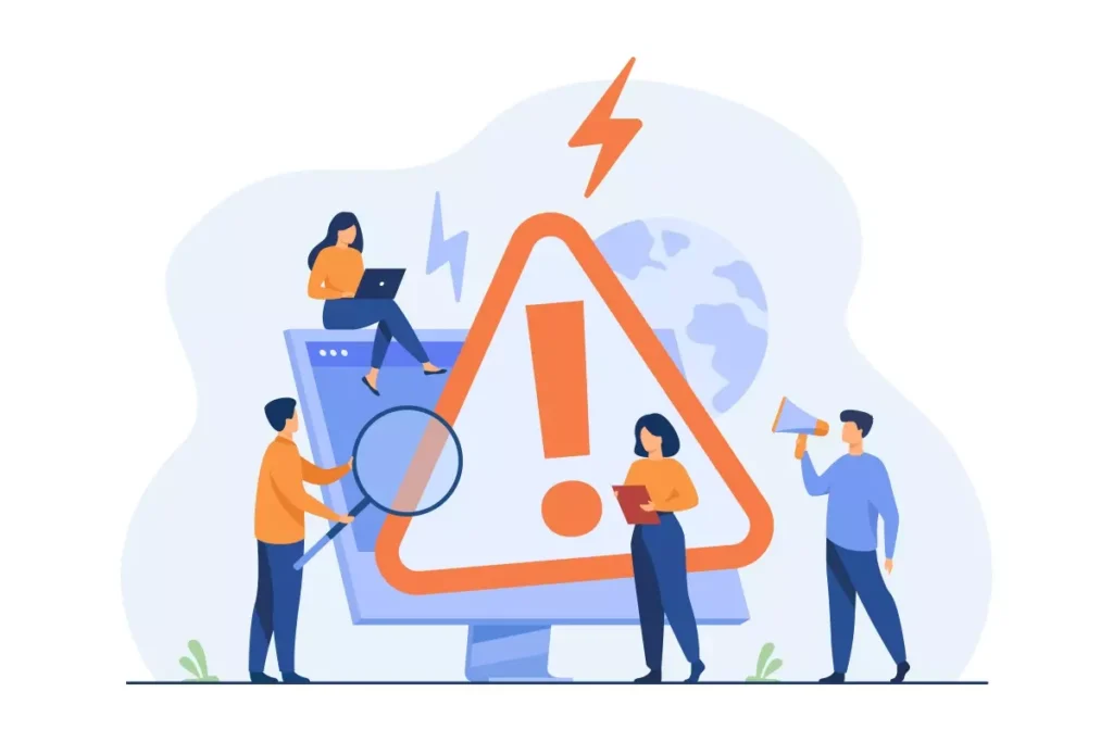 Alertas e riscos envolvendo trabalho doméstico sem carteira assinada, ilustrado por pessoas analisando um sinal de aviso em um monitor de computador