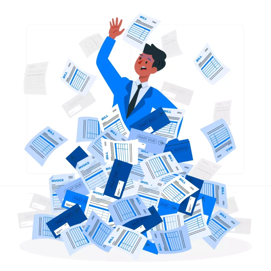 Ilustração de uma pessoa sobrecarregada de contas e documentos relacionados a vínculos de trabalho doméstico sem carteira assinada, representando dificuldades financeiras.