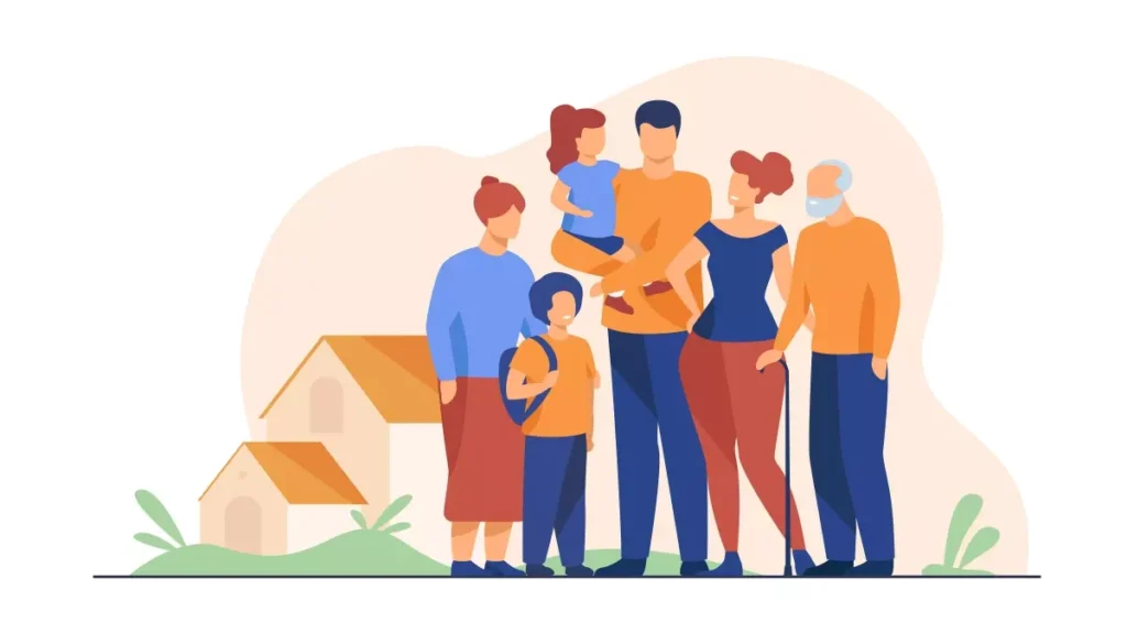 Representação de uma família com empregada doméstica, destacando a possibilidade de morar no emprego, com uma atmosfera de harmonia e convivência.