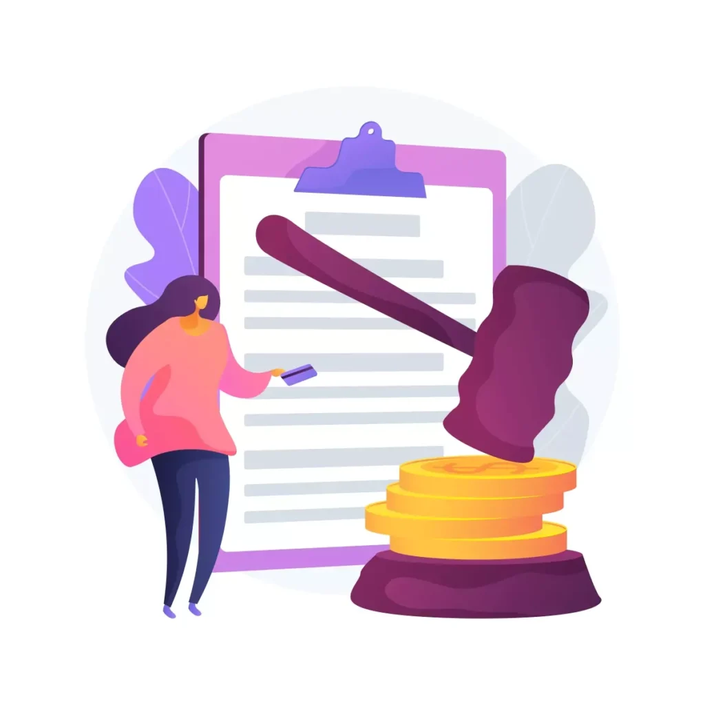 Ilustração representando uma multa rescisória da empregada doméstica com símbolo de um martelo e moedas, destacando a importância de entender a legislação trabalhista.