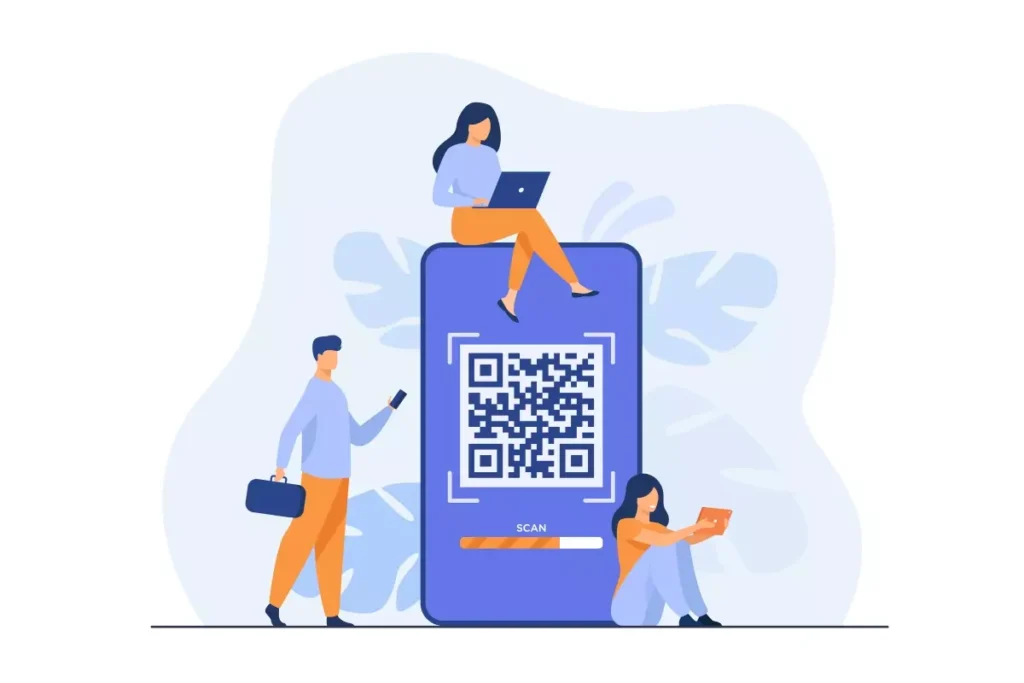 Ilustração de pessoas usando um smartphone para realizar pagamento da guia DAE via Pix, destacando a facilidade e agilidade do sistema de pagamento digital pelo QR code.