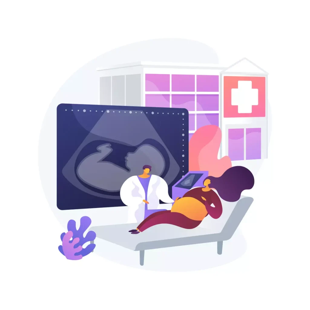 Profissional de saúde realizando ultrassom em gestante no consultório, abordando questões de estabilidade da doméstica gestante no contrato por tempo determinado.