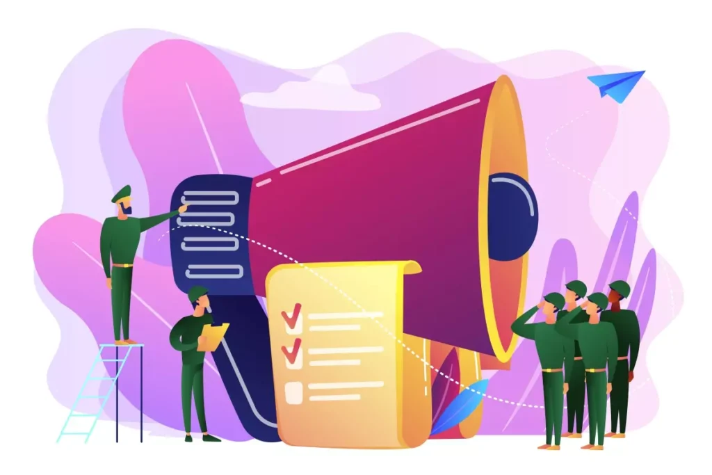 Imagem ilustrativa sobre aviso prévio no emprego doméstico, destacando a importância do aviso prévio, com figuras de trabalhadores e um megafone representando comunicação.