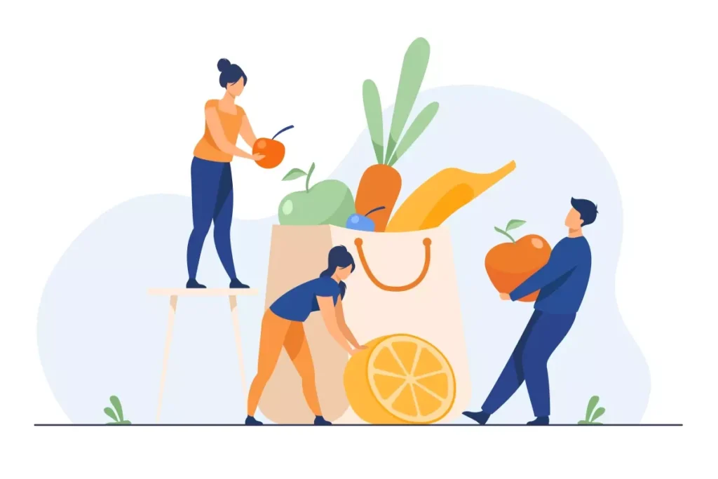 Ilustração de pessoas entregando alimentos e frutas em uma sacola, simbolizando a concessão de alimentação para empregada doméstica, com alimentos frescos e naturais.