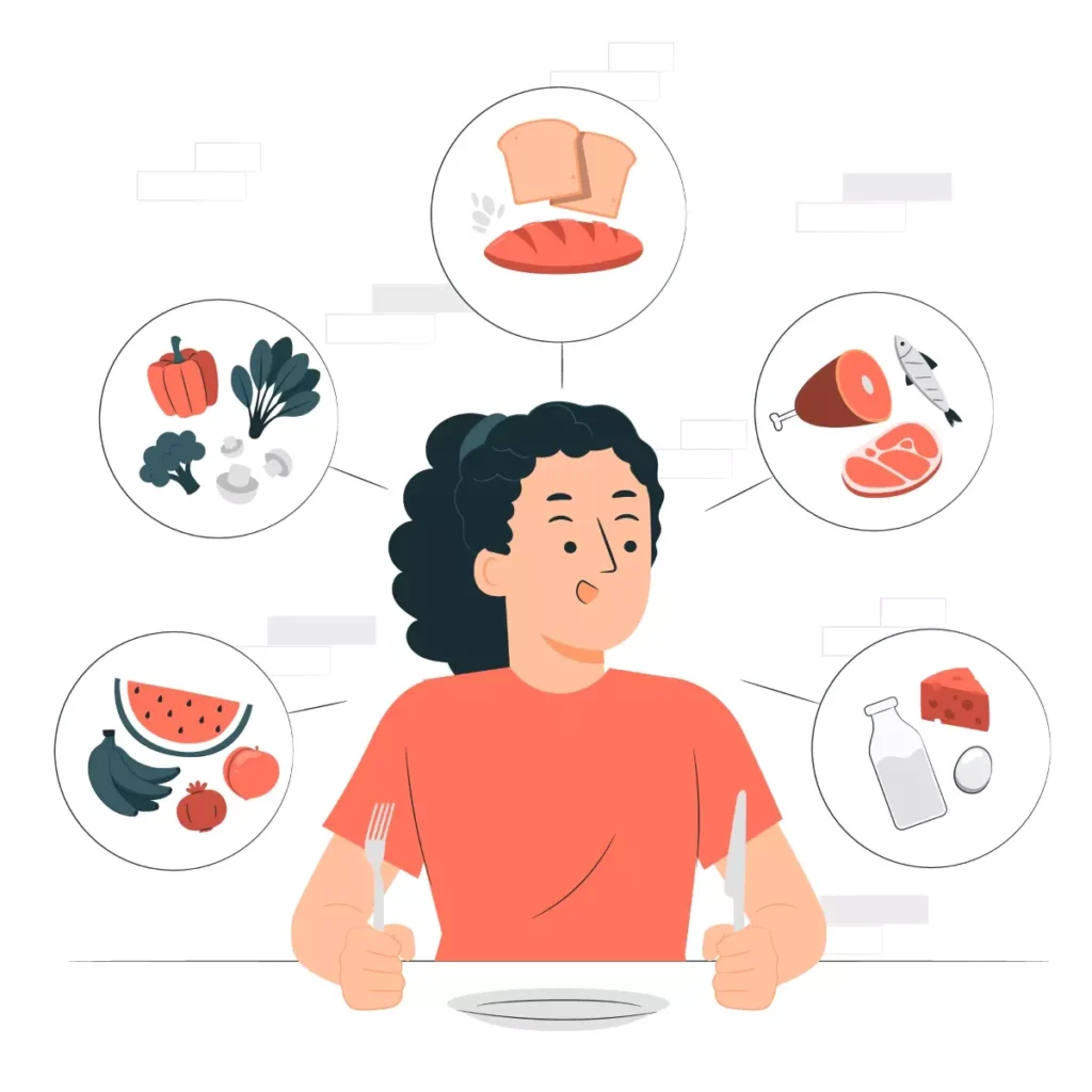 Ilustração explicando a importância de conceder alimentação adequada para a empregada doméstica, com alimentos variados como carnes, verduras, frutas, e produtos lácteos.