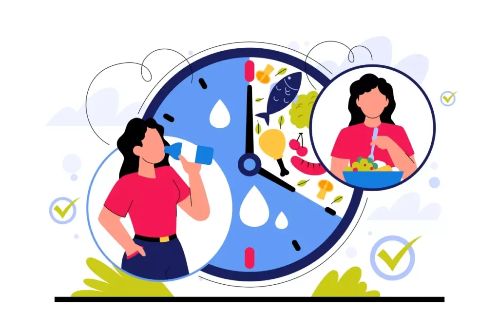 Ilustração mostrando uma horista de empregada doméstica, com um relógio representando o desconto do horário de almoço, e imagens de uma mulher tomando água e comendo.