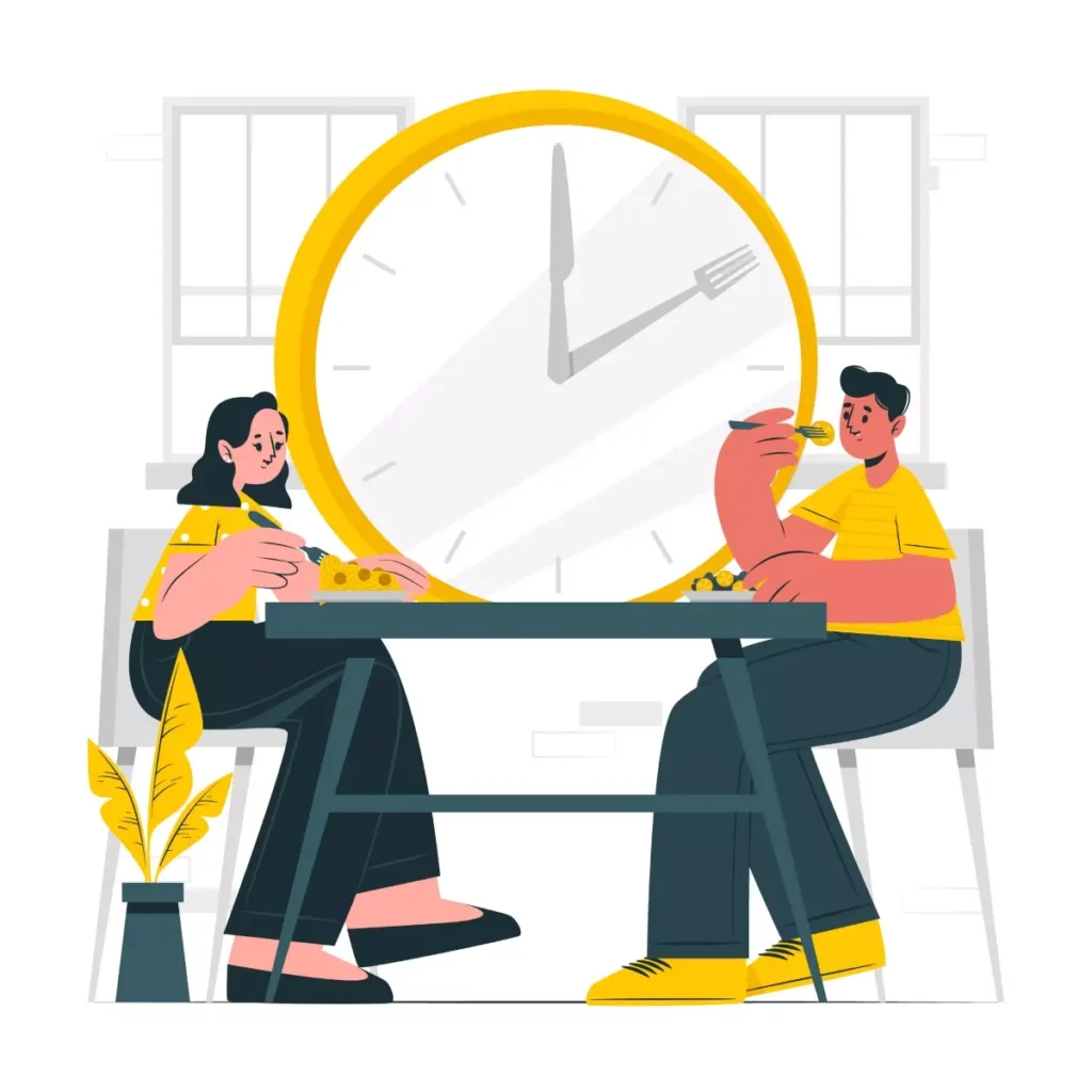 Imagem ilustrativa mostrando uma empregada doméstica e um trabalhador no horário de almoço, com um grande relógio ao fundo, destacando a questão do desconto do horário de almoço.