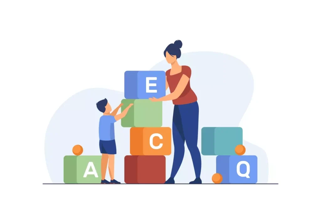 Ilustração de uma empregada doméstica ajudando uma criança a montar blocos de letras, representando educação e cuidado infantil.