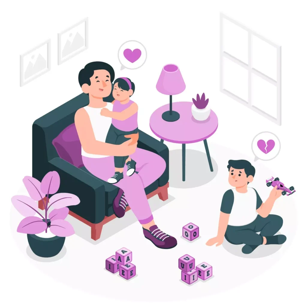 Ilustração de uma mãe e uma criança brincando, representando o papel de empregada doméstica e babá, em um ambiente doméstico acolhedor com brinquedos e plantas.
