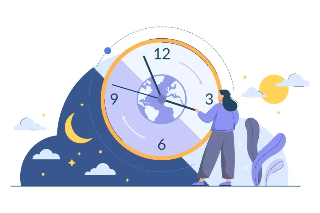 Ilustração representando uma mulher ajustando um relógio gigante que mostra o horário noturno, destacando o tema de horas extras noturnas no emprego doméstico.