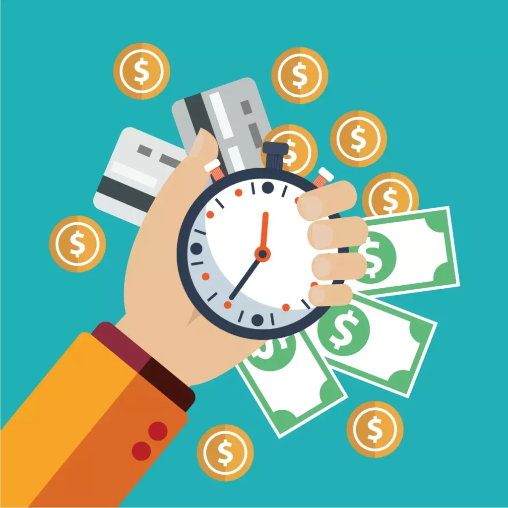 Ilustração mostrando uma mão segurando um cronômetro, com dinheiro, cartões e moedas ao redor, representando horas extras noturnas no emprego doméstico.