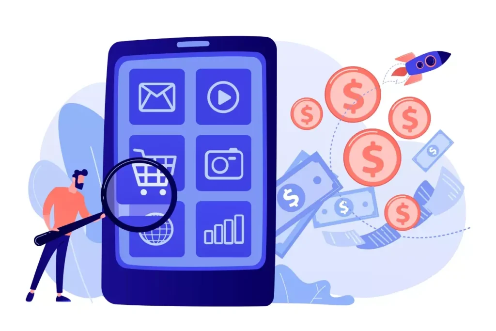 Ilustração sobre o INSS do empregado doméstico, mostrando um telefone celular com aplicativos relacionados ao trabalho doméstico, finanças e pagamento, destacando a importância da contribuição previdenciária para empregados domésticos.