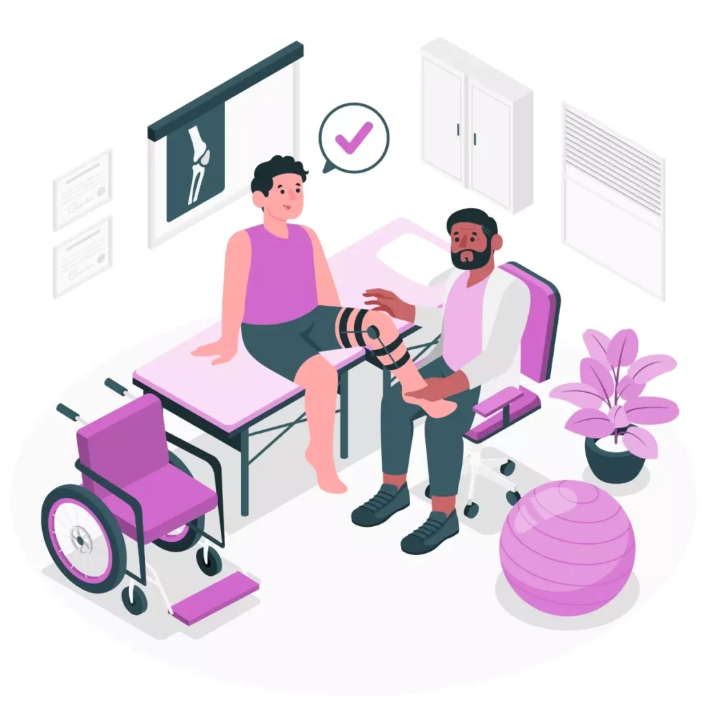 Ilustração de uma consulta médica com paciente de pé na maca e médico verificando o joelho, destacando cuidados com acidentes não relacionados ao emprego doméstico.