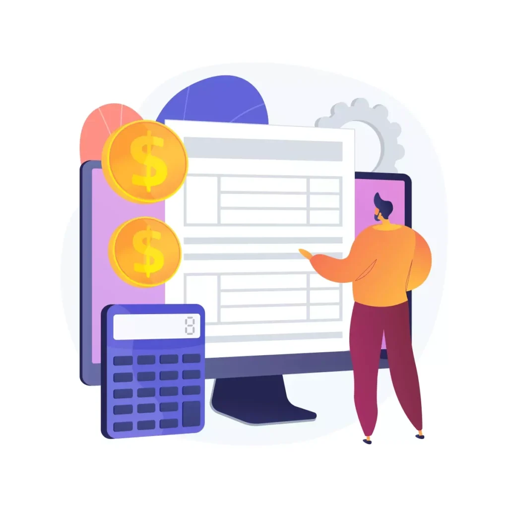 Imagem ilustrativa para cadastro de salário bruto ou líquido no eSocial doméstico mostrando uma pessoa usando computador com ícones de dinheiro, calculadora e planilha.