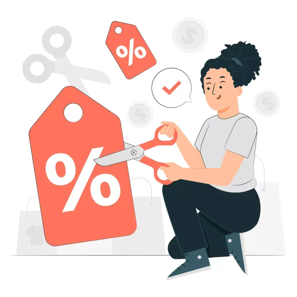 Ilustração explicando descontos na folha de pagamento da empregada doméstica com símbolos de porcentagem, etiquetas de desconto e uma pessoa cortando uma fita de desconto.