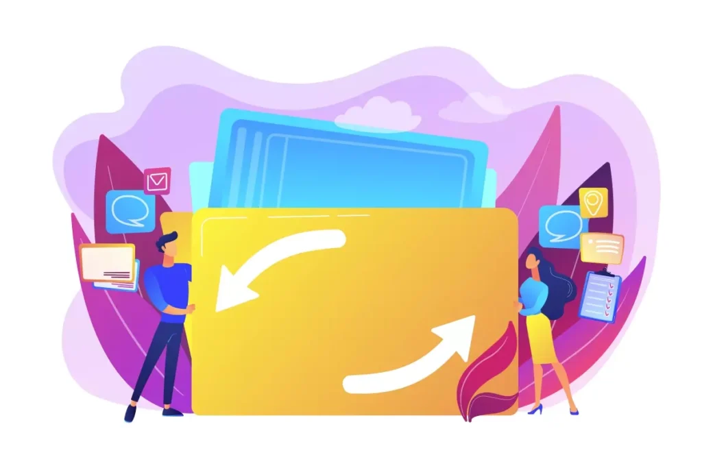 Ilustração representando a reabertura da folha de pagamento no eSocial doméstico, mostrando pessoas com documentos e setas indicando troca de informações digitais.