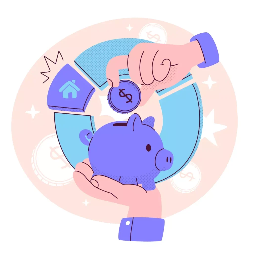 Ilustração representando o recolhimento do INSS e FGTS da empregada doméstica, com uma mão colocando dinheiro em um cofrinho, símbolo de economia e previdência social.