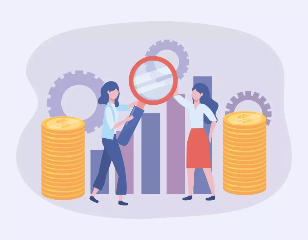 Ilustração representando a redução de salário de uma empregada doméstica, com pessoas analisando gráficos e moedas, simbolizando cortes de custos.